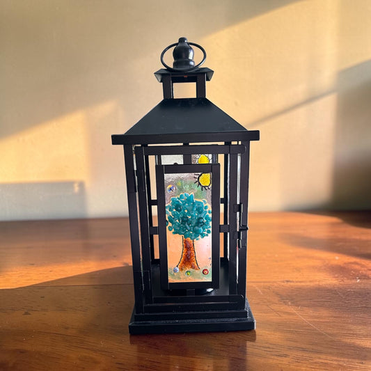 Homemade Battery-Powered Fused Glass Candle Lantern with Seasonal Trees Designs