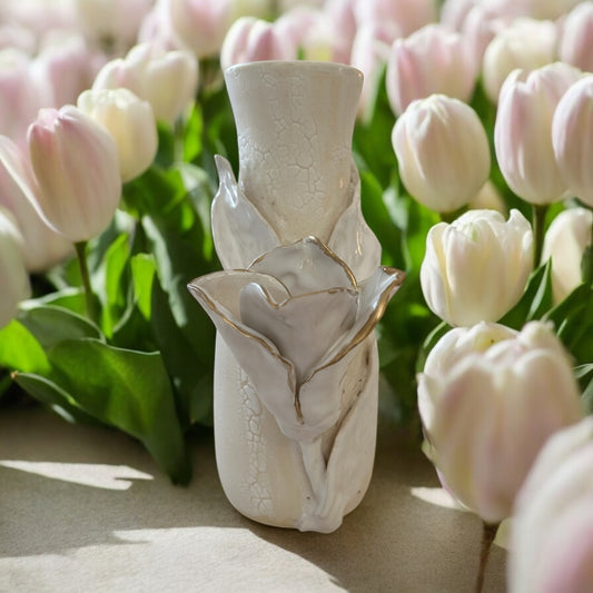 Slip Cast Textured Vase with Sculpted Tulip and Gold Leaf Accents 7"