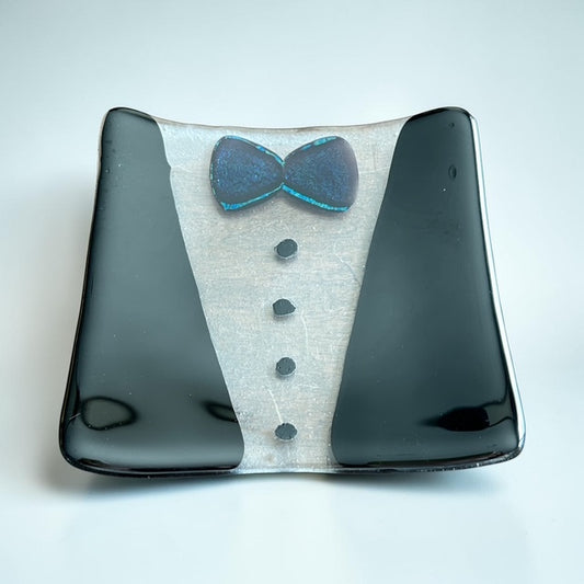 Handmade Fused Glass Cocktail Plate with Tuxedo Design