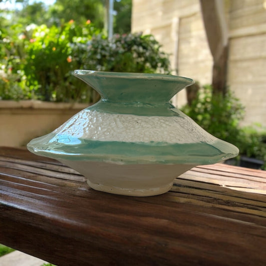 Handbuilt Slab Pottery "UFO" Upside Down Centerpiece Vase with Colorblocking in White and Lime Green