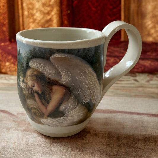 Wheel-Thrown Mug #41 with Victorian Angels in Meditation Design