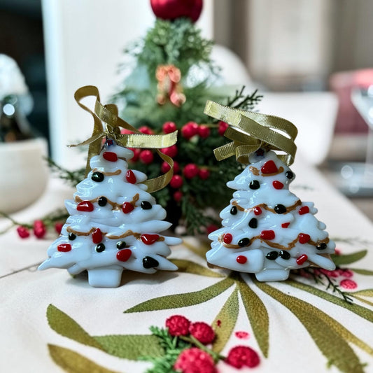 Homemade Fused Glass White Christmas Tree Ornament with Red and Green Glass Lights