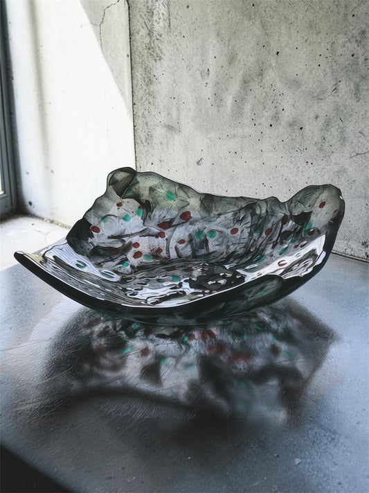 Homemade Fused Glass Square "Winter Berries" Fruit Bowl in Transparent Black, Red, and Green