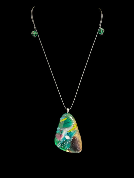 Kiln-Formed Glass Pendant Necklace Winter #1 with Adjustable Leather Cord and Gold Leaf