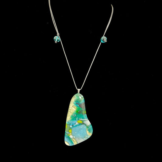 Fused Glass Pendant Necklace Winter #2, Kiln-Formed Glass with Liquid Gold Leaf and Adjustable Leather Cord