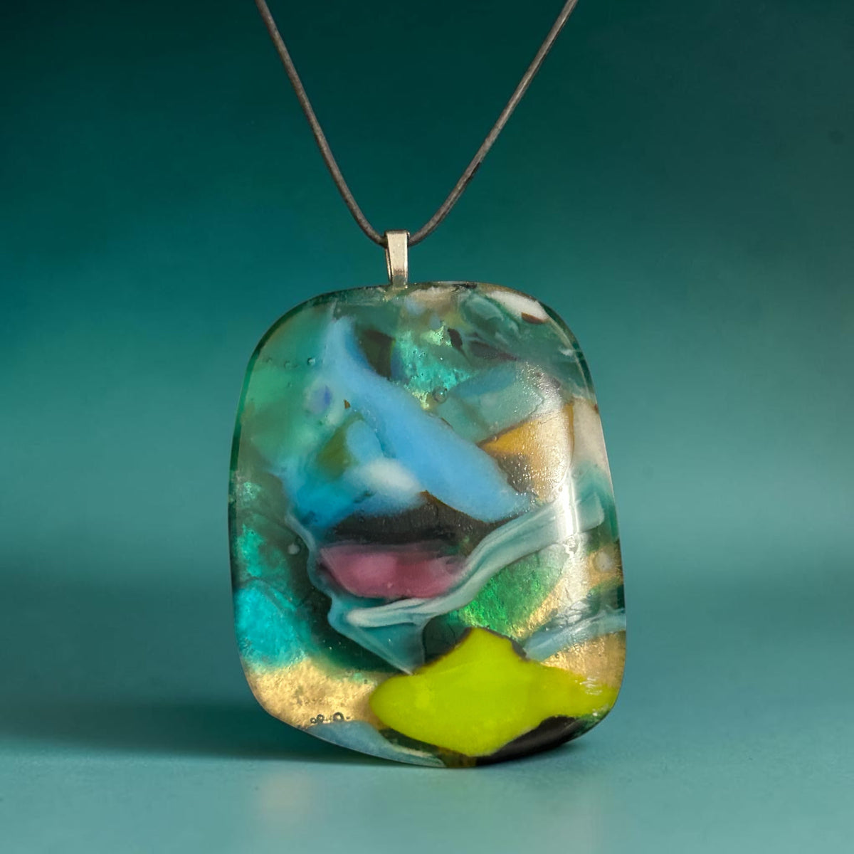 Fused Glass Pendant Necklace Winter #3, Kiln-Formed Glass with Liquid Gold Leaf and Adjustable Leather Cord