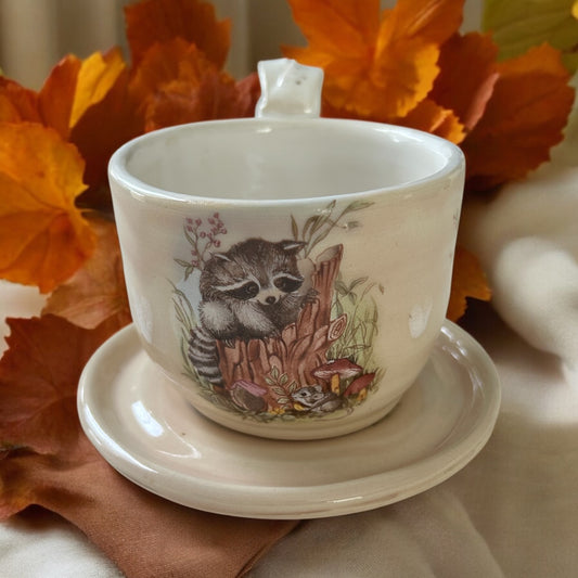 Woodland Tea Cup and Saucer #44 with Cute Raccoon, Fall Flowers, and Mushrooms