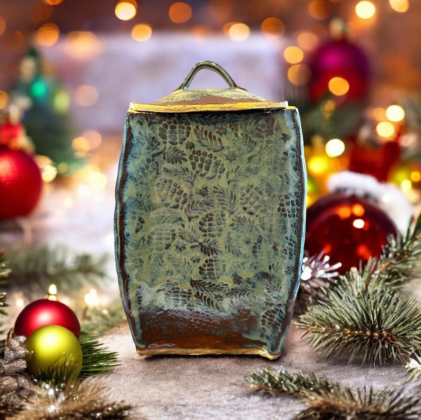 Large Pagoda Dry Goods Storage Container #33 with Pinecones and Greenery in Toasted Sage and Gold Leaf Accents