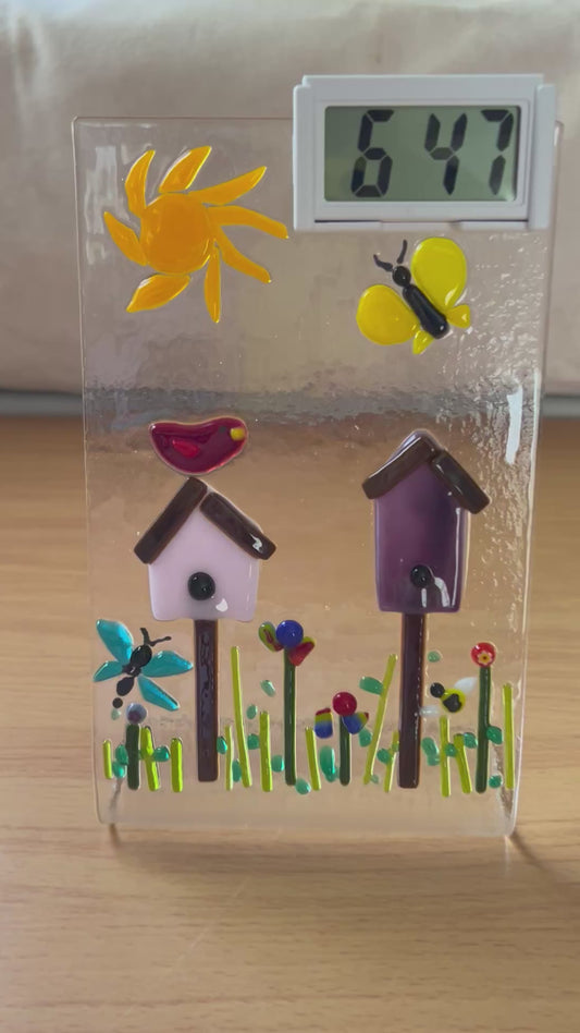 Homemade Freestanding Fused Glass Desk Clock with Garden Scene and Birdhouses