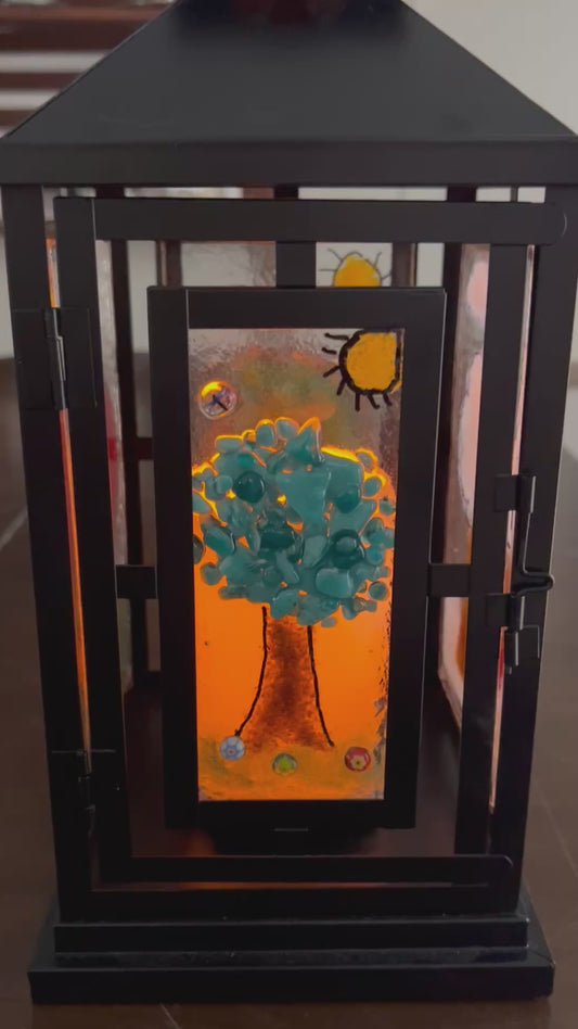 Homemade Battery-Powered Fused Glass Candle Lantern with Seasonal Trees Designs