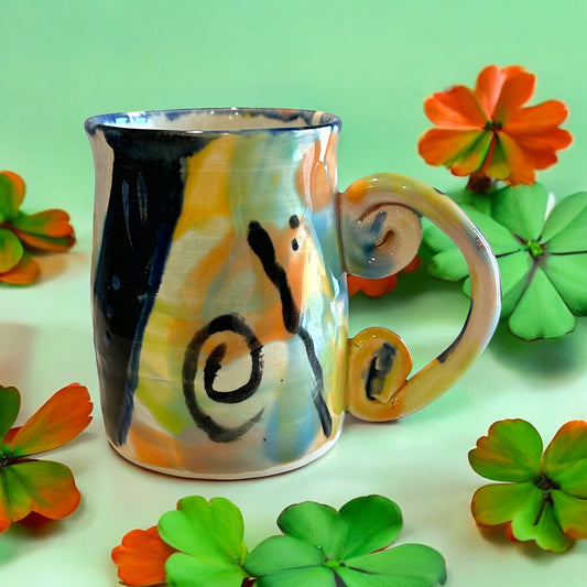 Wheel-Thrown Mug #51 with Contemporary Designs in Spring Colors